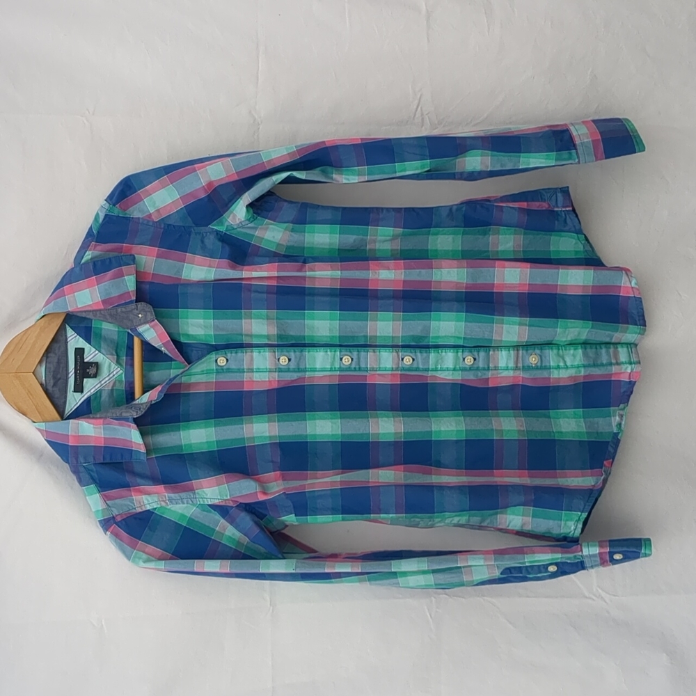 Tommy Hillfiger Shirt long sleeved blue green pink plaid button down med…
